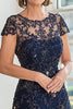 Load image into Gallery viewer, A Line Navy Scoop Neck Cap Sleeves Lace Mother of the Bride Dress