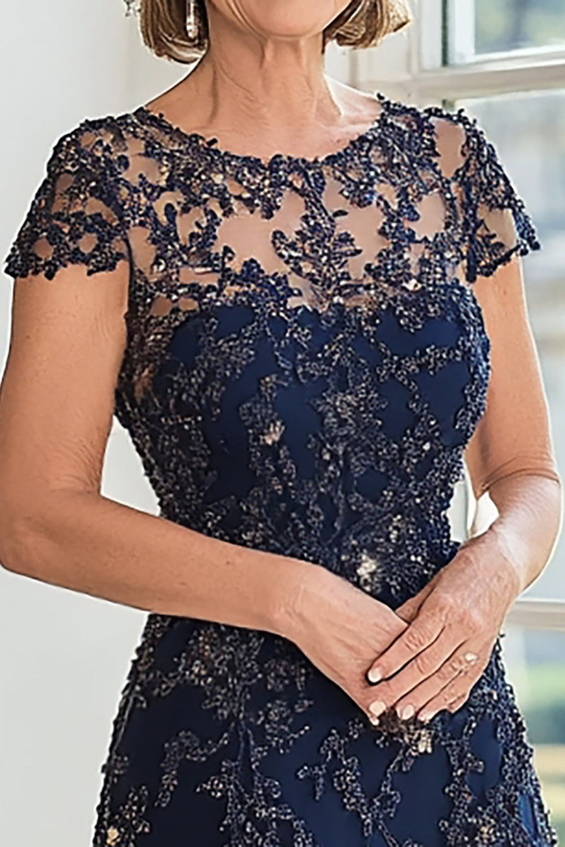 Load image into Gallery viewer, A Line Navy Scoop Neck Cap Sleeves Lace Mother of the Bride Dress