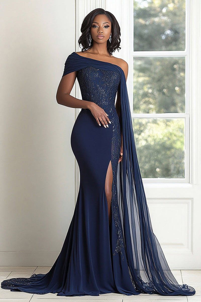 Load image into Gallery viewer, Elegant Navy One Shoulder Mermaid Applique Chiffon Long Mother of the Bride with Cape