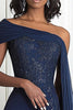 Load image into Gallery viewer, Elegant Navy One Shoulder Mermaid Applique Chiffon Long Mother of the Bride with Cape