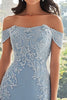 Load image into Gallery viewer, Elegant Sky Blue Off the Shoulder Chiffon Sheath Long Mother of the Bride with Lace Appliques