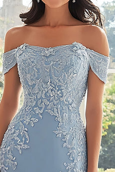 Elegant Sky Blue Off the Shoulder Chiffon Sheath Long Mother of the Bride with Lace Appliques