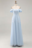 Elegant Sky Blue Sheath Off the Shoulder Chiffon Long Mother of the Bride with Appliques