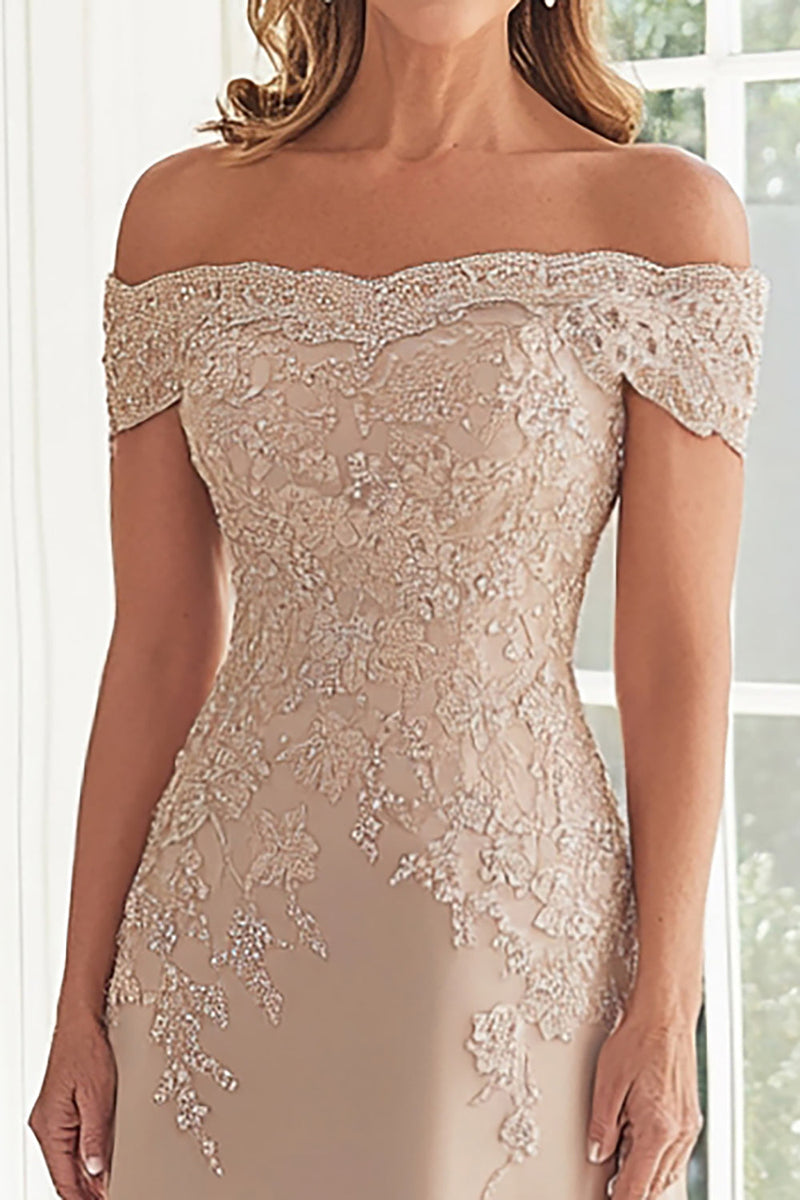 Load image into Gallery viewer, Elegant Taupe Off the Shoulder Chiffon Sheath Long Mother of the Bride with Lace Appliques