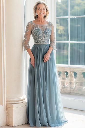 Elegant Dusty Blue Scoop A-Line Tulle Long Mother of the Bride with Beading