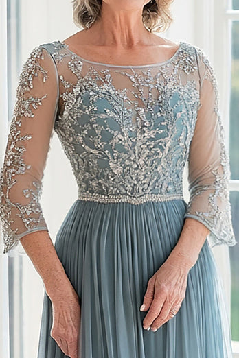 Elegant Dusty Blue Scoop A-Line Tulle Long Mother of the Bride with Beading