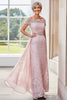 Load image into Gallery viewer, Elegant Blush Off the Shoulder Column Lace Long Mother of the Bride with Rhinestone