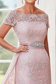 Elegant Blush Off the Shoulder Column Lace Long Mother of the Bride with Rhinestone