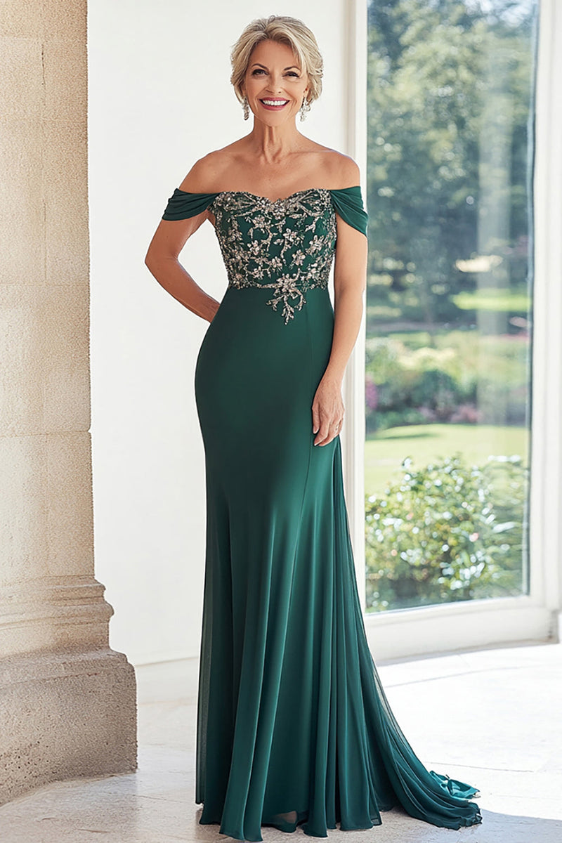 Load image into Gallery viewer, Elegant Dark Green Off the Shoulder Sheath Chiffon Long Mother of the Bride with Embroidery