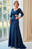 Load image into Gallery viewer, Navy V-Neck Satin Embroidered Ruched Mother of the Bride Dress