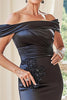 Load image into Gallery viewer, Off The Shoulder Navy Embroidered Satin Mermaid Mother of the Bride Dress