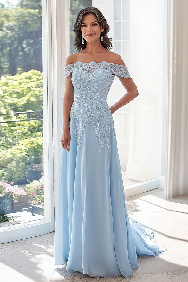 Load image into Gallery viewer, Sky Blue A Line Off The Shoulder Chiffon Appliqued Mother of the Bride Dress