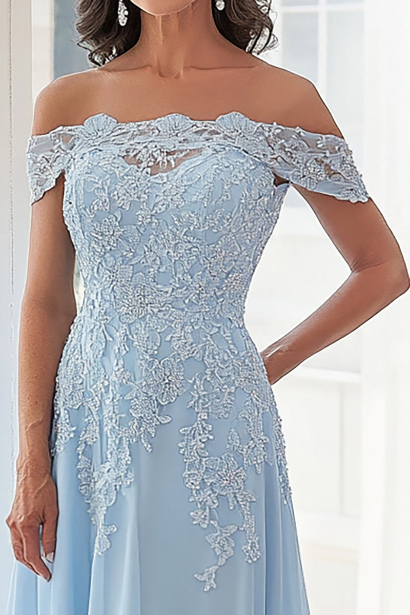 Load image into Gallery viewer, Sky Blue A Line Off The Shoulder Chiffon Appliqued Mother of the Bride Dress