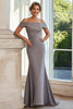 Load image into Gallery viewer, Grey Sheath Off the Shoulder Satin Embroidered Mother of the Bride Dress