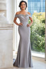 Load image into Gallery viewer, Matte Satin Grey Off The Shoulder Embroidered Sheath Mother of the Bride Dress