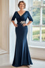 Load image into Gallery viewer, Navy Stretch Satin V-Neck Sheath Mother of the Bride Dress With Half Sleeves