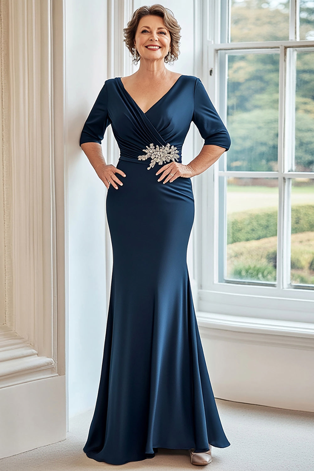 Navy Stretch Satin V-Neck Sheath Mother of the Bride Dress With Half Sleeves