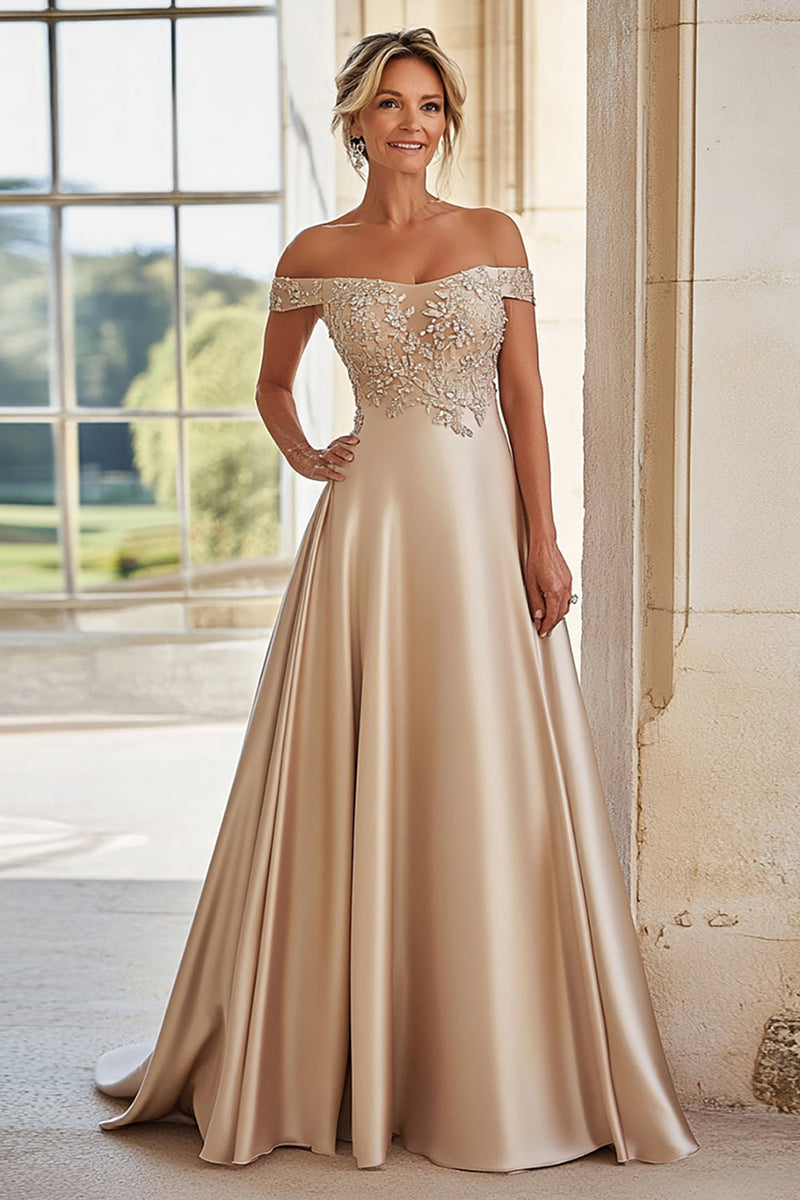 Load image into Gallery viewer, A Line Champagne Off The Shoulder Embroidered Mother of the Bride Dress