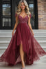 Load image into Gallery viewer, A Line Burgundy Off The Shoulder Appliqued Tulle Mother of the Bride Dress