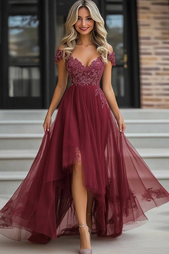 A Line Burgundy Off The Shoulder Appliqued Tulle Mother of the Bride Dress