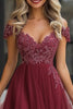 Load image into Gallery viewer, A Line Burgundy Off The Shoulder Appliqued Tulle Mother of the Bride Dress