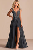 Grey A Line V-Neck Lace Appliques Mother of the Bride Dress with Slit