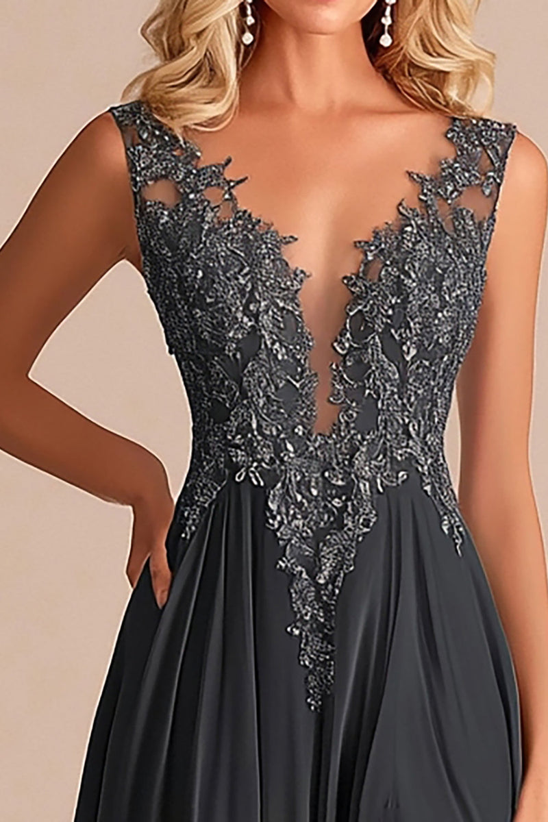 Load image into Gallery viewer, Charcoal A Line V-Neck Lace Appliques Mother of the Bride Dress