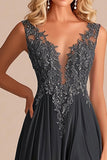 Charcoal A Line V-Neck Lace Long Mother of the Bride Dress with Appliques