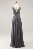 Charcoal A Line V-Neck Lace Long Mother of the Bride Dress with Appliques