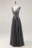 Charcoal A Line V-Neck Lace Long Mother of the Bride Dress with Appliques
