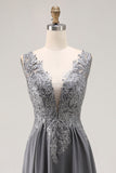 Charcoal A Line V-Neck Lace Long Mother of the Bride Dress with Appliques