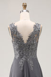 Charcoal A Line V-Neck Lace Long Mother of the Bride Dress with Appliques