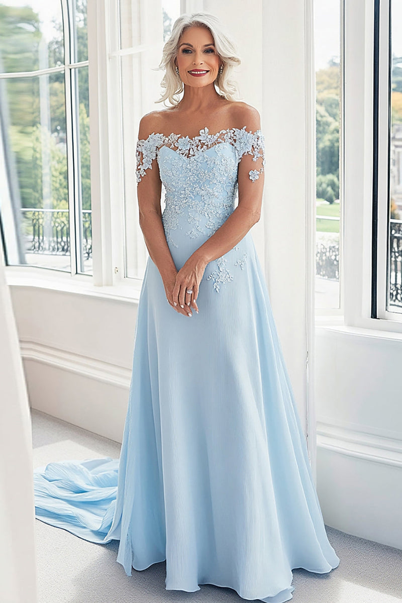 Load image into Gallery viewer, Sky Blue A Line Off The Shoulder Lace Appliques Mother of the Bride Dress