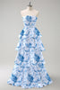 Load image into Gallery viewer, White Blue Flower Ruffled A Line Bridesmaid Dress