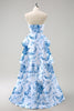 Load image into Gallery viewer, White Blue Flower Ruffled A Line Bridesmaid Dress