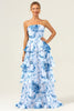 Load image into Gallery viewer, White Blue Flower Ruffled A Line Bridesmaid Dress