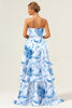 Load image into Gallery viewer, White Blue Flower Ruffled A Line Bridesmaid Dress