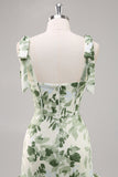 Green Flower A Line Square Neck Ruffled Long Bridesmaid Dress with Slit
