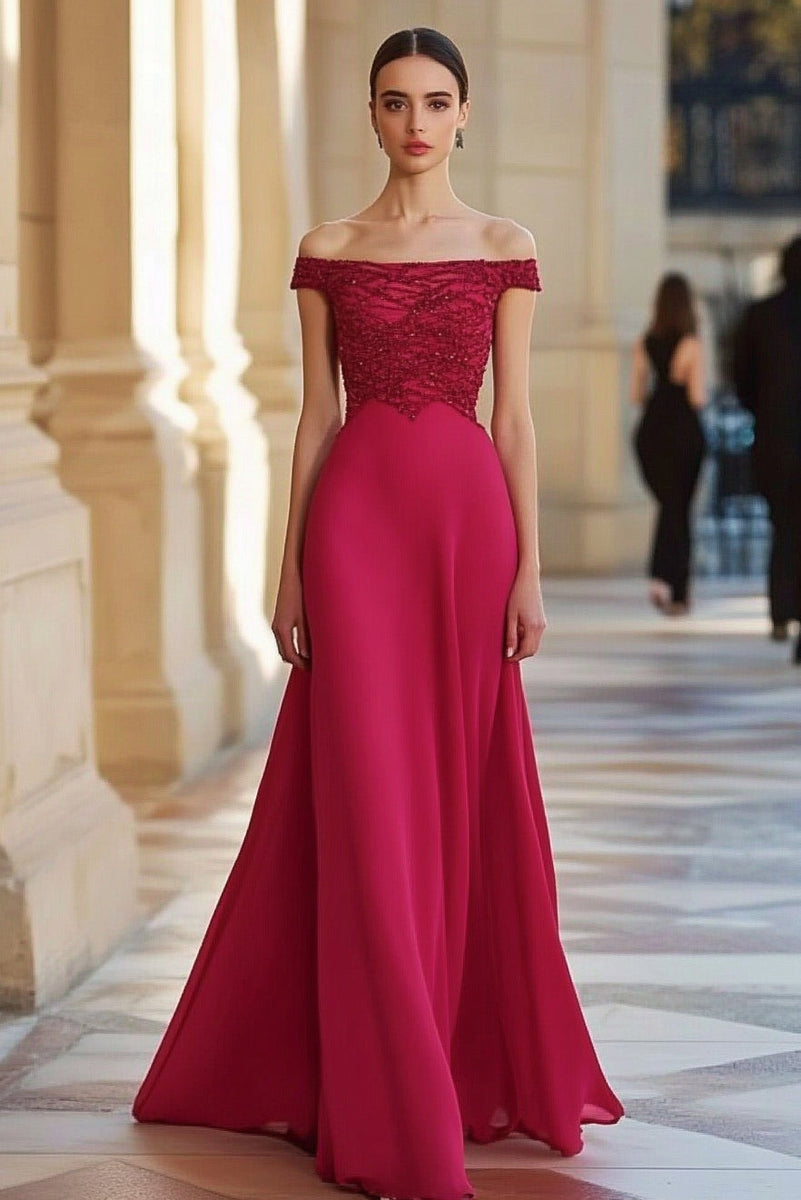 Load image into Gallery viewer, Red A Line Beaded Off the Shoulder Long Formal Dress