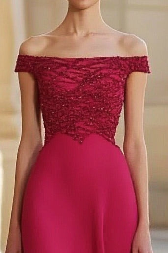 Load image into Gallery viewer, Red A Line Beaded Off the Shoulder Long Formal Dress