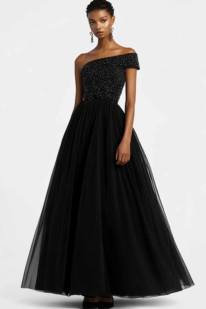 Load image into Gallery viewer, Sparkly One Shoulder Black A Line Beaded Tulle Long Formal Dress