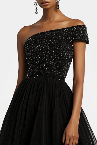 Load image into Gallery viewer, Sparkly One Shoulder Black A Line Beaded Tulle Long Formal Dress