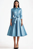 Load image into Gallery viewer, Blue A Line Flared Front Button Closures Mid Length Formal Dress with Long Sleeves