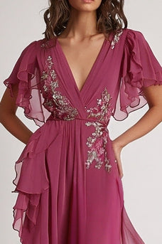 Embellished Dark Pink V Neck A Line Floral Maxi Formal Dress with Ruffles