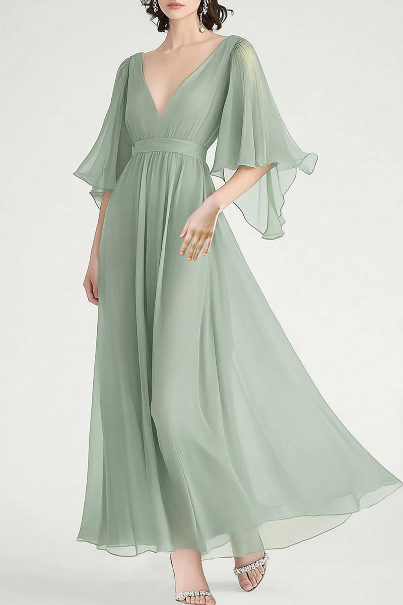 Load image into Gallery viewer, Dusty Sage A Line V-Neck Chiffon Angel Sleeves Formal Dress