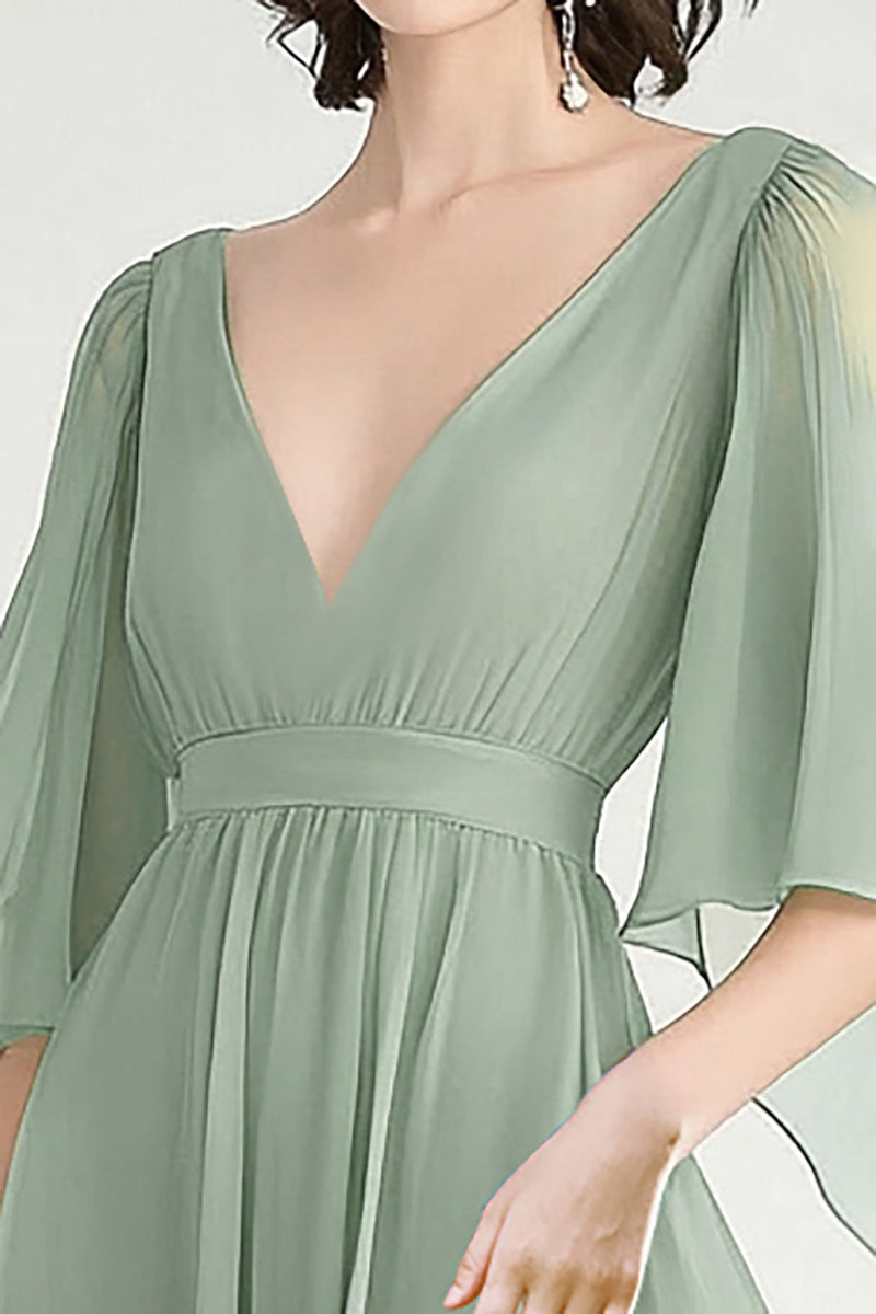 Load image into Gallery viewer, Dusty Sage A Line V-Neck Chiffon Angel Sleeves Formal Dress