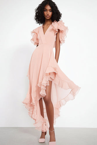 Pink V-Neck Ruffles Chiffon Asymmetrical Formal Dress