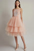 Load image into Gallery viewer, Pink Square Neck Tiered Tulle Midi Formal Dress