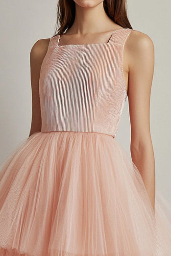 Pink Square Neck Tiered Tulle Midi Formal Dress