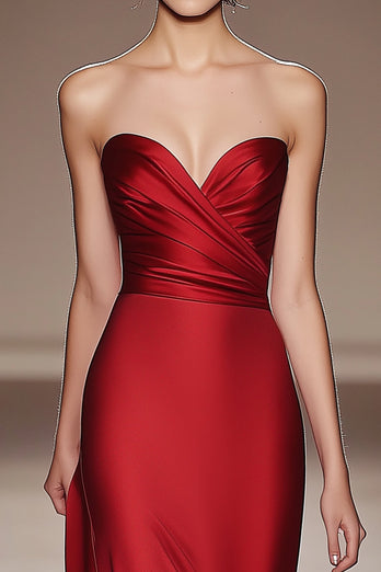 Red Strapless Pleated Satin Formal Dress With Slit